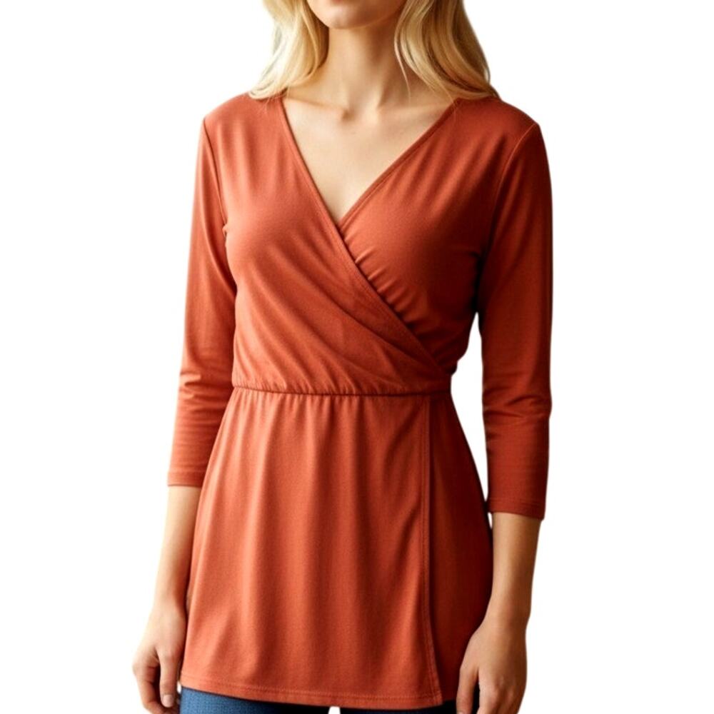 J. Jill Wearever Collection Faux Wrap Top Womens Large Muted Brick Knit Stretch